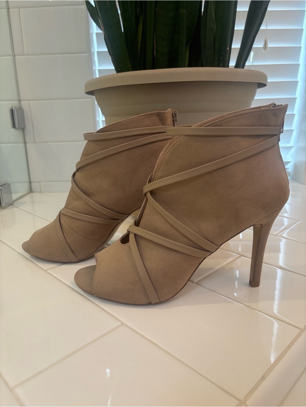 Women’s Taupe Strappy Peep-Toe Ankle Booties